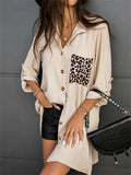 Womens Loose Leopard Print Pocket Stitching Casual Blouses