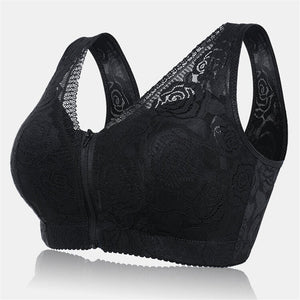 Wireless Rose Lace Front Zip Soft Cotton Lining Sleep Bras - Black