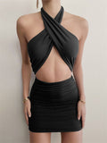 New Cross Neck Halter Backless Hollow Out Pleated Dresses
