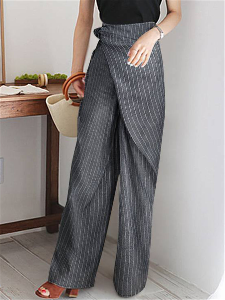 On-Trendy Side Tie Fastening Asymmetric Wrap Design Pocket Striped Pants