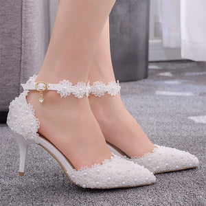 Women’s White Pearl Lace Floral Buckle High Heels Wedding Pumps