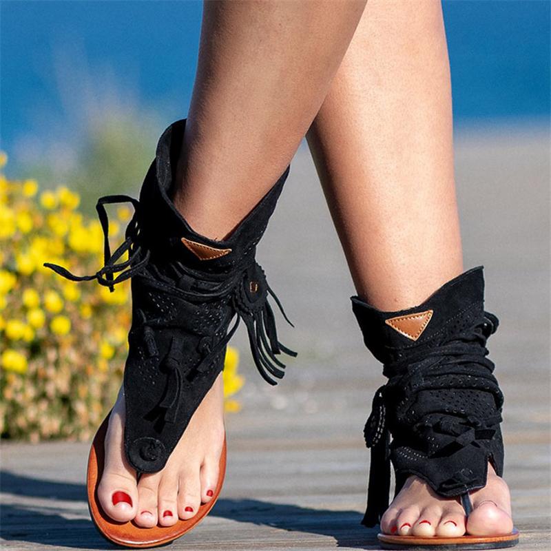 Bohemian Style Suede Tassel Beach Clip Toe Flat Sandals For Women