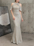 Flattering Off Shoulder Sequined Cap Sleeve Mermaid Dress for Formal Party