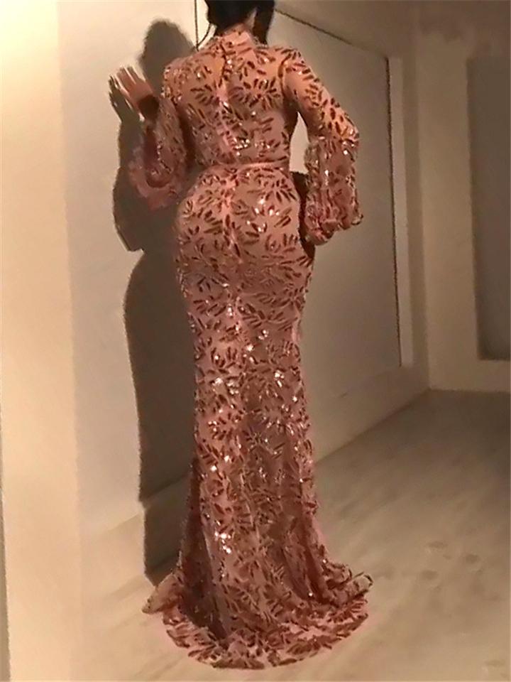 Flattering High Neck Floral Printed Long Sleeve Mermaid Dress for Evening