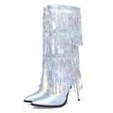 Pointed Toe Fashion Fringe Sequined Mid-Calf Boots