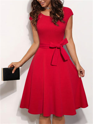 New Solid Color Round Collar Back Zipper Knee-Length Dresses