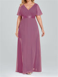 Women V-Neck Chiffon Short Sleeve Ruffle Evening Dress