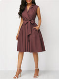 Wrap V Neck Pleated Detailing Waist Tie Fastening Sleeveless Knee-Length Pocket Dress