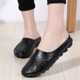 Women's Genuine Leather Hollow Slip On Backless Loafers for Summer