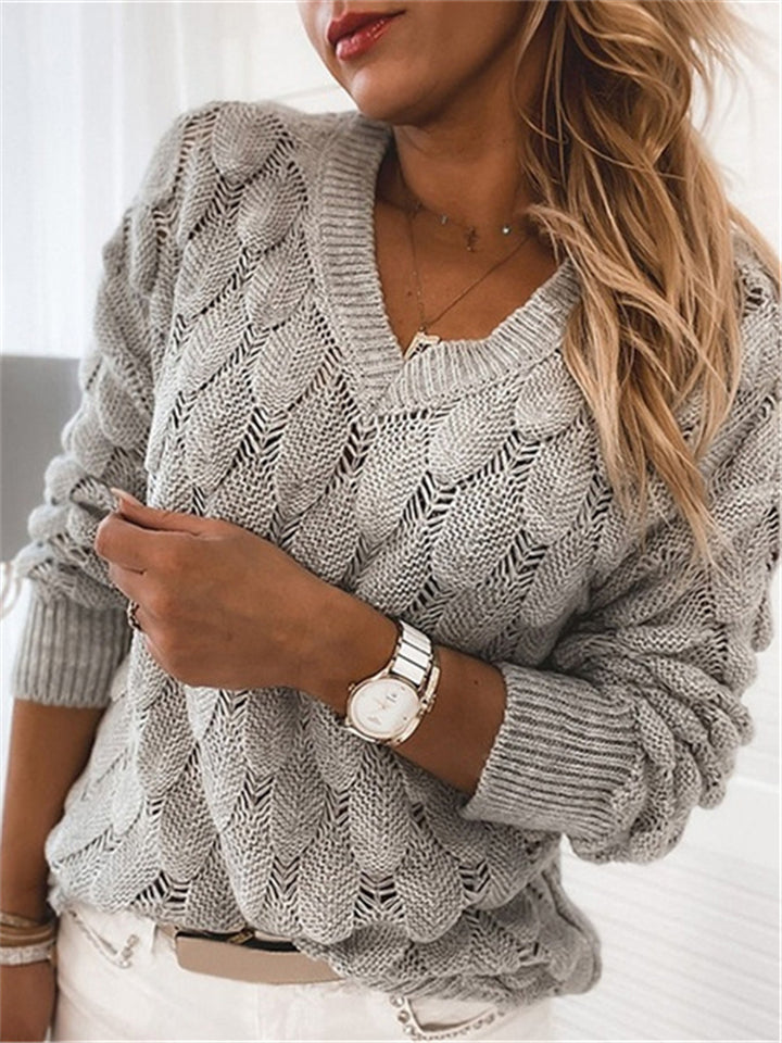 Women's Elegant Hollow Out Feather Pattern V Neck Pullover Knitted Sweaters