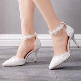 Women’s White Pearl Lace Floral Buckle High Heels Wedding Pumps