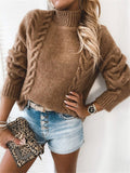 Casual Twisted Solid Color High-Neck Long-Sleeved Knitted Sweater