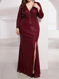 Gorgeous Shiny V-Neck Sequins Long Sleeve Slit Dress