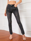 Lovely Small Floral Embroidery Slim Fit Black Denim Jeans for Women