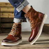 Mens Trendy Lace Up Round Toe High Top Gradient Color Motorcycle Boots