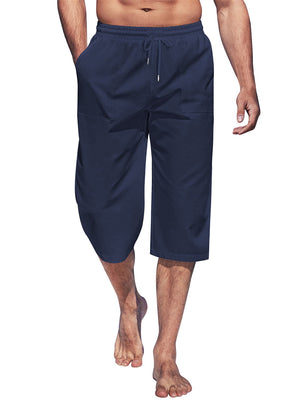 Men's Summer Simple Elastic Waist Loose Pocket 3/4 Length Pants