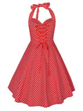 Sweet 1950S Polka Dot Halter Lace-up Back Swing Dress