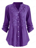 Ladies Summer Lace Patchwork V Neck Roll Up Long Sleeve Blouses