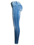 Women's Sweet Style White Pearl Slim Fit Ripped Blue Jeans