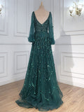 Elegant Luxury Shiny Beads Lantern Sleeve Evening Dress for Ladies