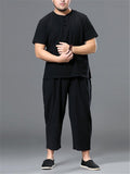 Loose Fit Linen 2-Piece Round Neck Button T-Shirt + Drawstring Cropped Pants