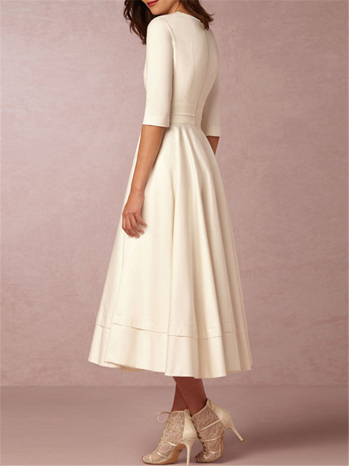 Women's Graceful Deep-V Design Half Sleeve A Line Midi Dress