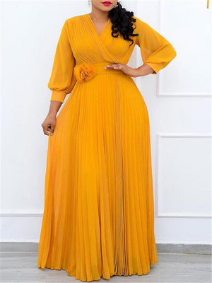 V-Neck Long Sleeve Slim Pleated A Line Long Dresses