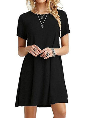 O-Neck Short Sleeve Solid Color Comfy Dress