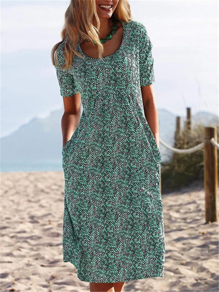 Relaxed Fit V Neck Short Sleeve Floral Printed Pleated Pocket Midi Dress