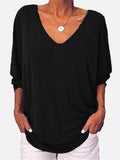 Oversized V Neck Solid Color 3/4 Sleeve Back Button Up Shirt & Tops
