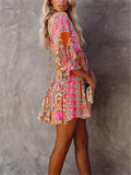 Sexy Pretty Low V Neck Floral Printed 3/4 Sleeve Pleated Dress