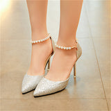 Female Metal White Pearl Chain Pointed Toe Shining Stiletto