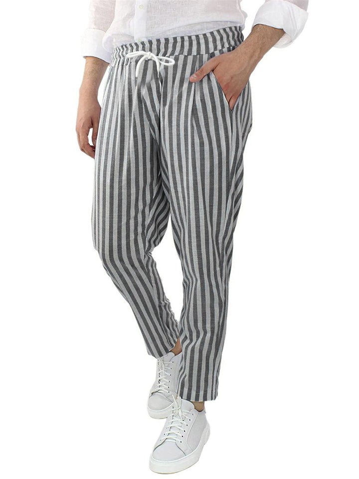 Men's Casual Vertical Striped Elastic Waist Cozy Cotton Linen Pants