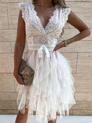 Summer Sexy V Neck Lace Splicing Sleeveless Lady Dress