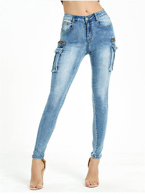 Women's Casual Style Slim Fit Multi-Pocket Long Denim Pants