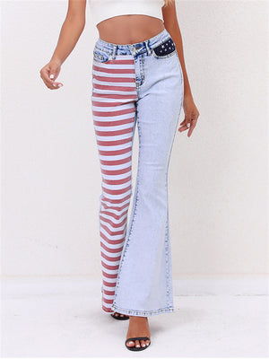 Women's Super Cool Street Style Contrast Color Red Stripe Bell Bottom Denim Jeans