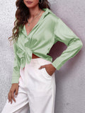 Super Soft Lapel Button Long Sleeve Silky Blouses for Office Lady