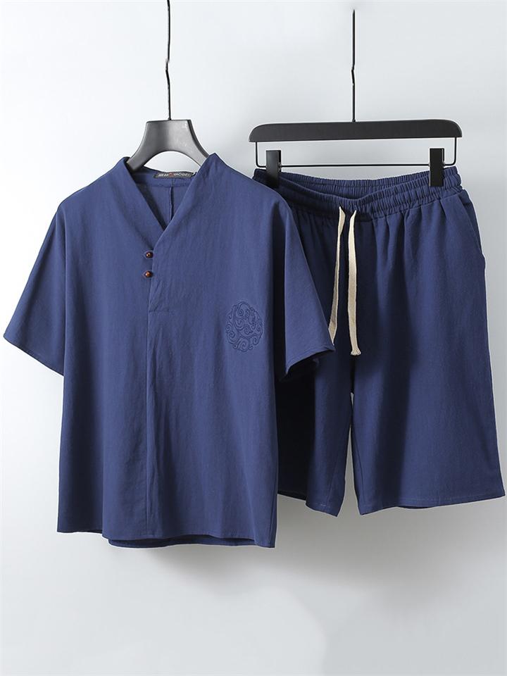 Lightweight Linen Two-Piece Outfit Wrap Neck T-Shirt + Elastic Waistband Knee-Length Pants