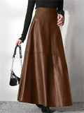 New Elegant Office Lady Solid Color PU Leather Zipper Long Skirts