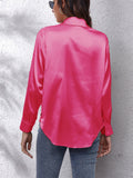 Super Soft Lapel Button Long Sleeve Silky Blouses for Office Lady