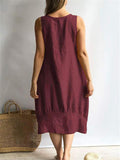 Relaxed Fit Scoop Neck Sleeveless Solid Color Linen Midi Length Dress