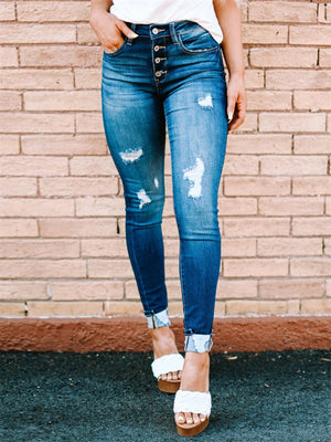 Women's Casual Washed Mid Waist Ripped Jeans