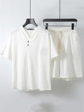 Lightweight Linen Two-Piece Outfit Wrap Neck T-Shirt + Elastic Waistband Knee-Length Pants