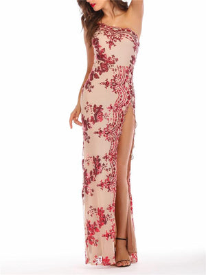 Exquisite Sequined One Shoulder Side Slit Dress for Prom