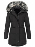 Comfortable Zipper Button Pocket Fur Collar Hooded Padded Coat