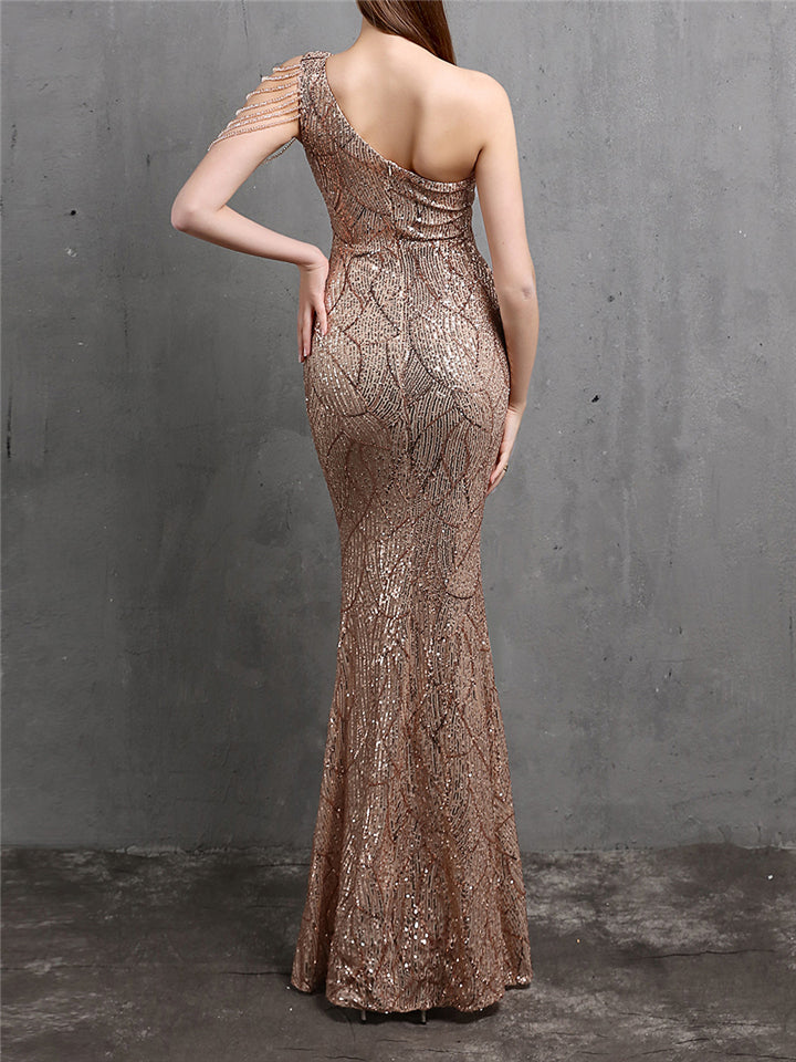 Elegant Sexy Sequins Slim One-Shoulder Evening Dresses