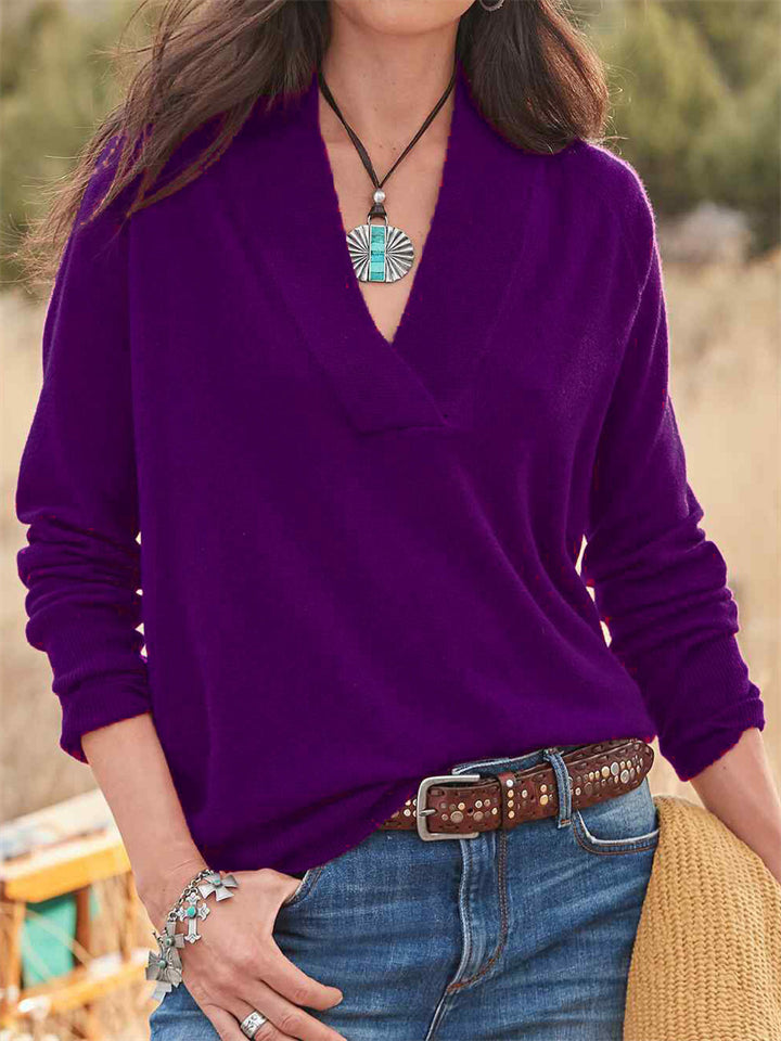 Women's Fashion V Neck Pure Color Extra Loose Pullover Tops