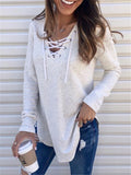 Women's Casual Solid Color Lace-up Neck Long Sleeve Tops