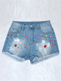 Women's Colorful Crystals Straight Leg Ripped Short Jeans