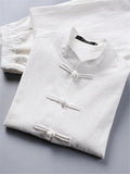 Retro Style Linen 2-Piece Outfit Button Collar Shirt + Full-Length Elastic Waistband Pants